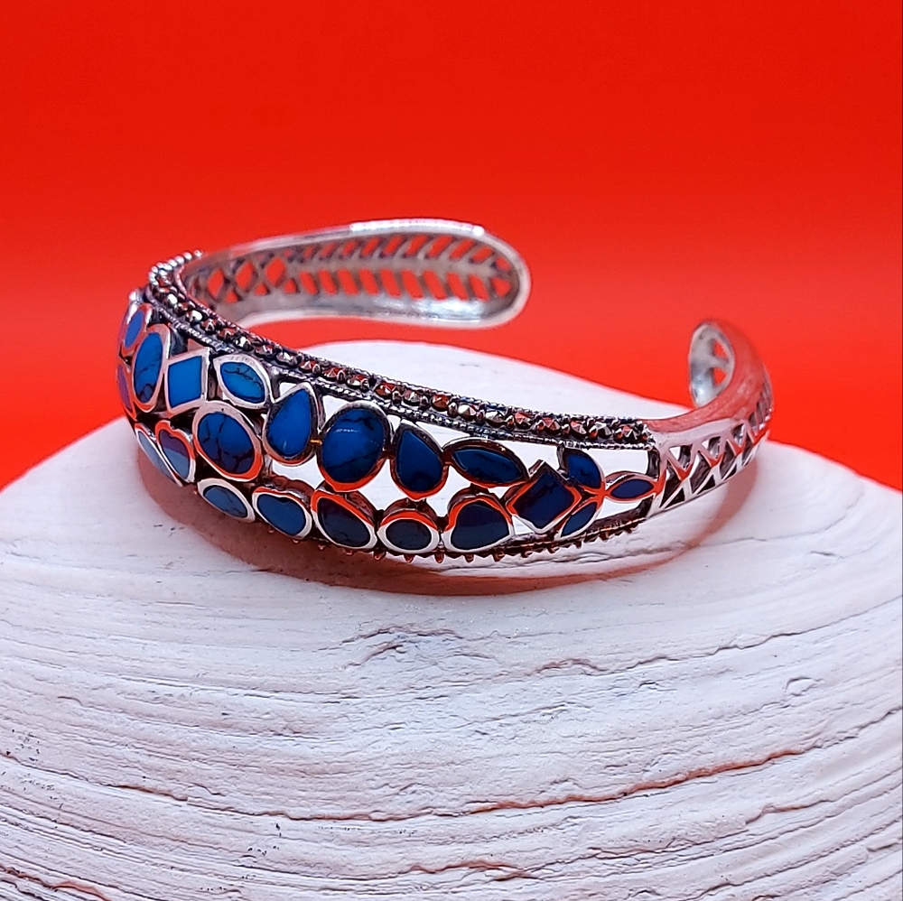 Natural Stabilized‎ Blue Turquoise 7x5mm & Marcasite 925 Sterling Silver Bangle - Picture 5 of 10